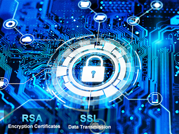 Digital security concept with blue circuit board background. Central padlock icon surrounded by futuristic interface. Text shows 'RSA Encryption Certificates' and 'SSL Data Transmission'.