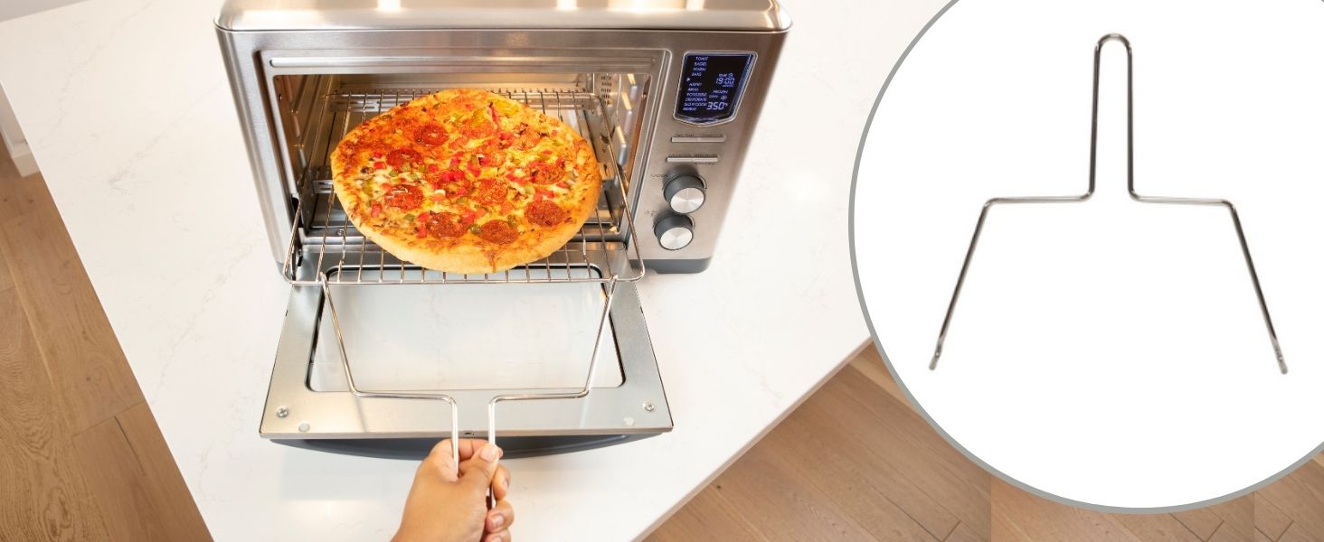 Kenmore digital toaster oven air fryer on a kitchen counter with inset closeup of rack handle