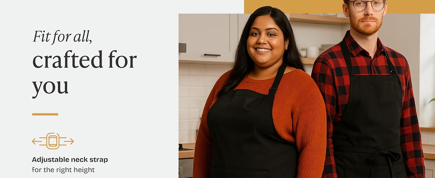Ethnically diverse man and woman wearing the black Will Well apron to show size versatility.