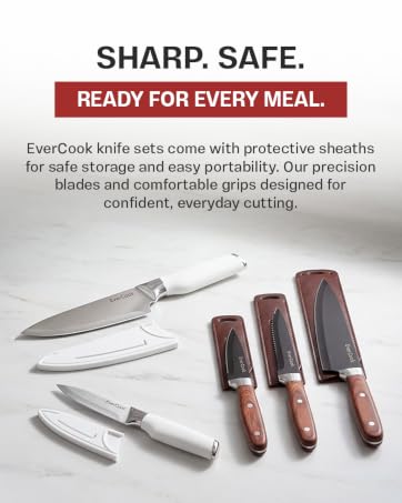EverCook knives with protective sheaths. Text: Sharp. Safe. Ready for every meal.
