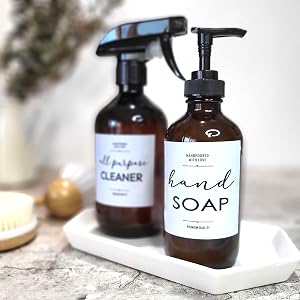 Hand Soap and all purpose cleaner labels on Amber glass bottles