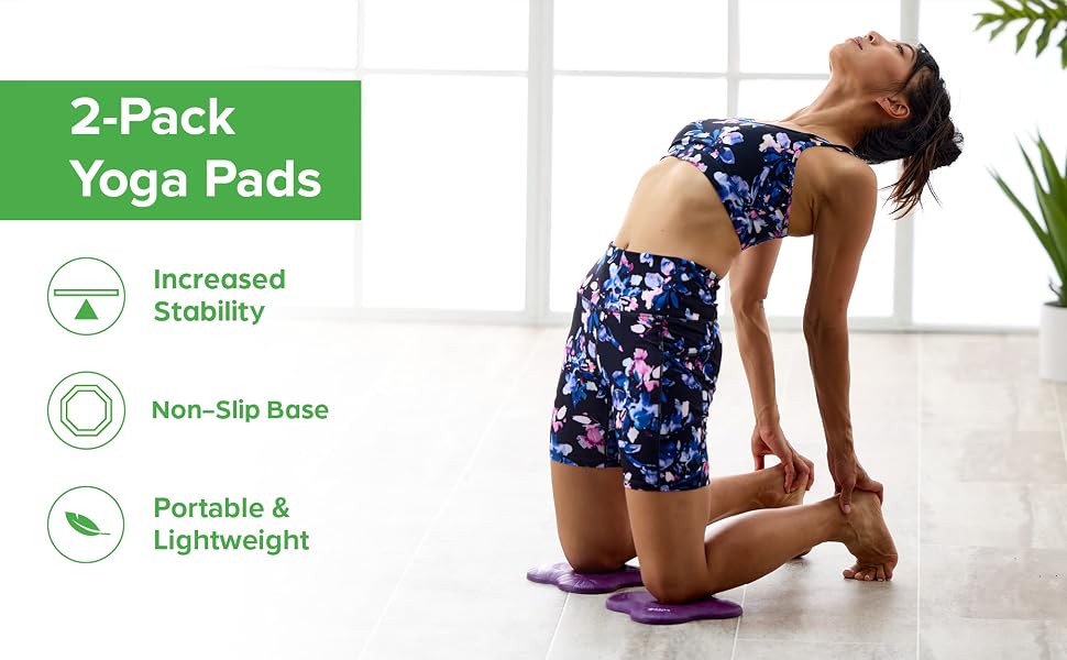 Woman performing yoga pose using two knee pads with icons showing stability non slip and portability