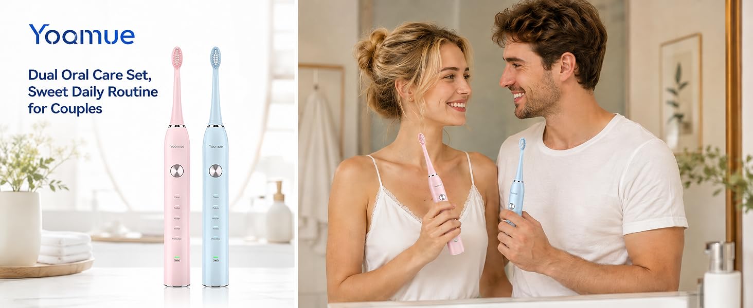 Text reads 'Yoamue Dual Oral Care Set, Sweet Daily Routine for Couples'. Two electric toothbrushes in pink and blue displayed with couple using them in home bathroom setting.