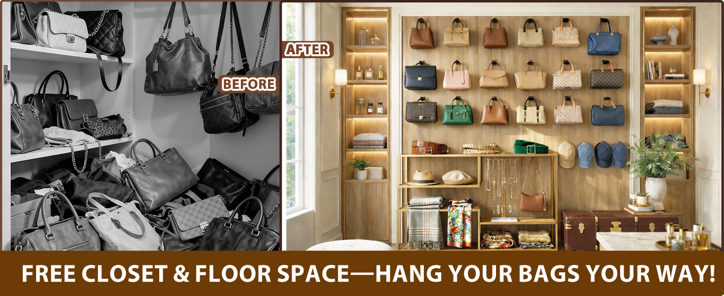 Small shelf offers accessible storage for clutches and small bags.