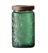 Vintage Glass Storage Jar, Green Sunflower Decorative Jar, 34 FL OZ with Solid Wood Lid, for Stor...