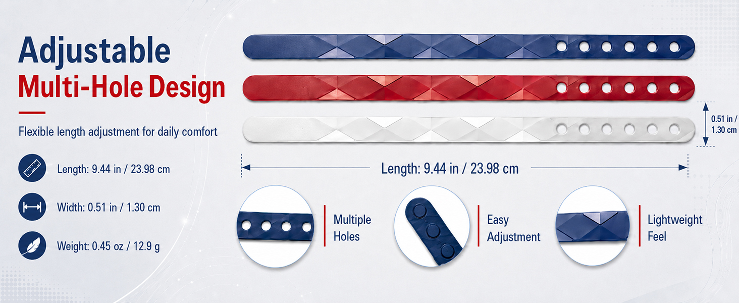 Multi-hole adjustable anti-static wristband dimensions: 9.44in length, 0.51in width