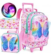 gxtvo 3PCS Girls Butterfly Wheeled Backpack, Kids Rolling Bookbag with Lunch Box, Water-Resistant...