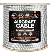 Xpose Safety 1/4" Galvanized Steel Aircraft Cable Wire – 250 ft Reel, 7x19 Strand, 7,000 lb Break...