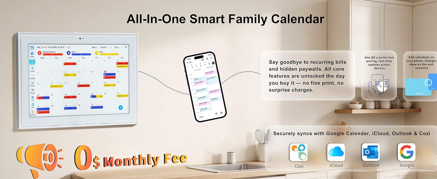 Wall calendar paired with smartphone, zero fee badge and supported platform icons