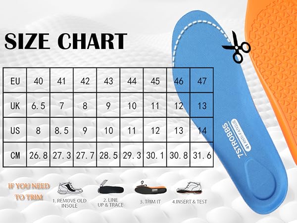 Shoe size conversion chart showing EU, UK, US, and CM measurements with a blue cuttable insole template and icons showing different shoe types.