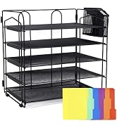 Neudeco Letter Tray Paper Organizer for Desk, 5 Tier Mesh Desk File Organizer with Drawer and Pen...