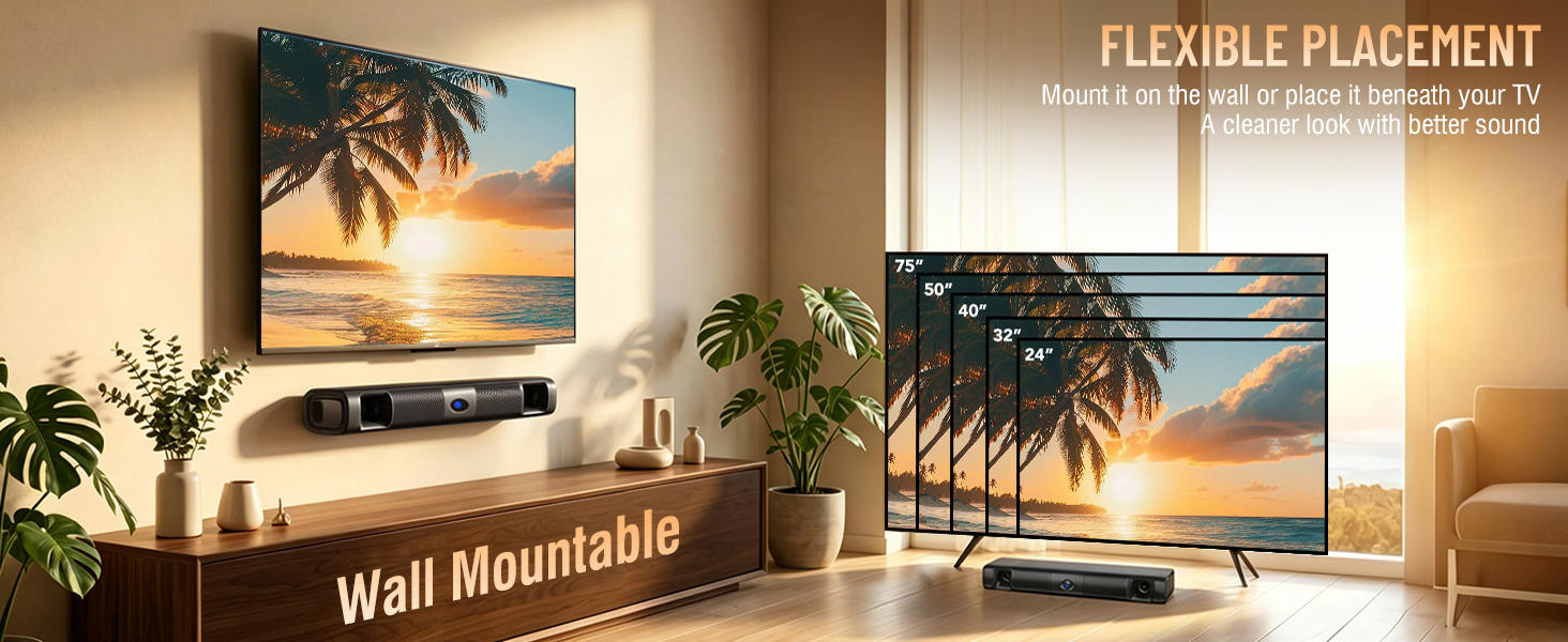 Wall mountable sound bar for TV desktop setup small soundbar speaker