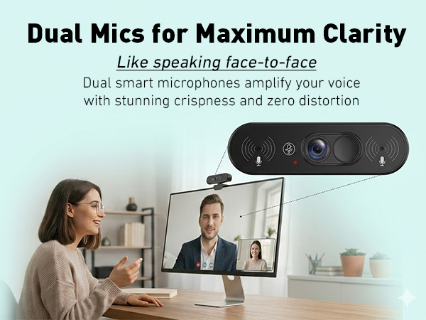 Text reads 'Dual Mics for Maximum Clarity' and 'Like speaking face-to-face. Dual smart microphones amplify your voice with stunning crispness and zero distortion.' Image shows webcam device with dual microphones in video conference context.