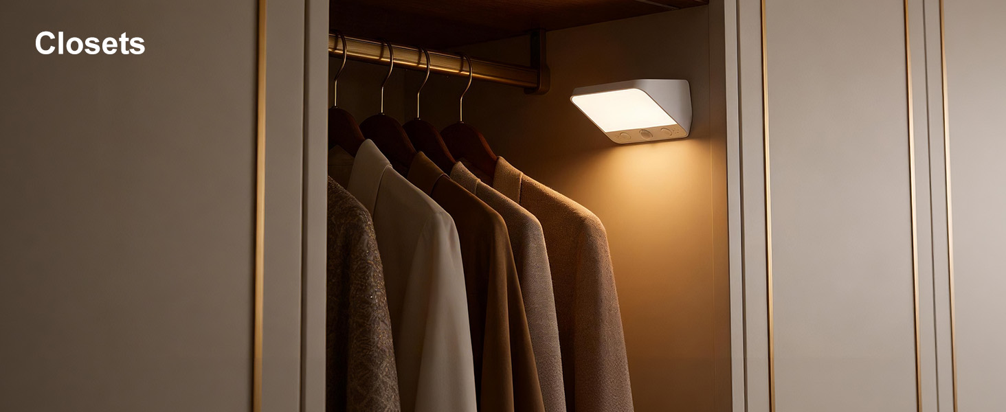 Text reads 'Closets'. Interior view of wooden wardrobe closet with multiple dark hanging garments on rail, illuminated by warm interior lighting.