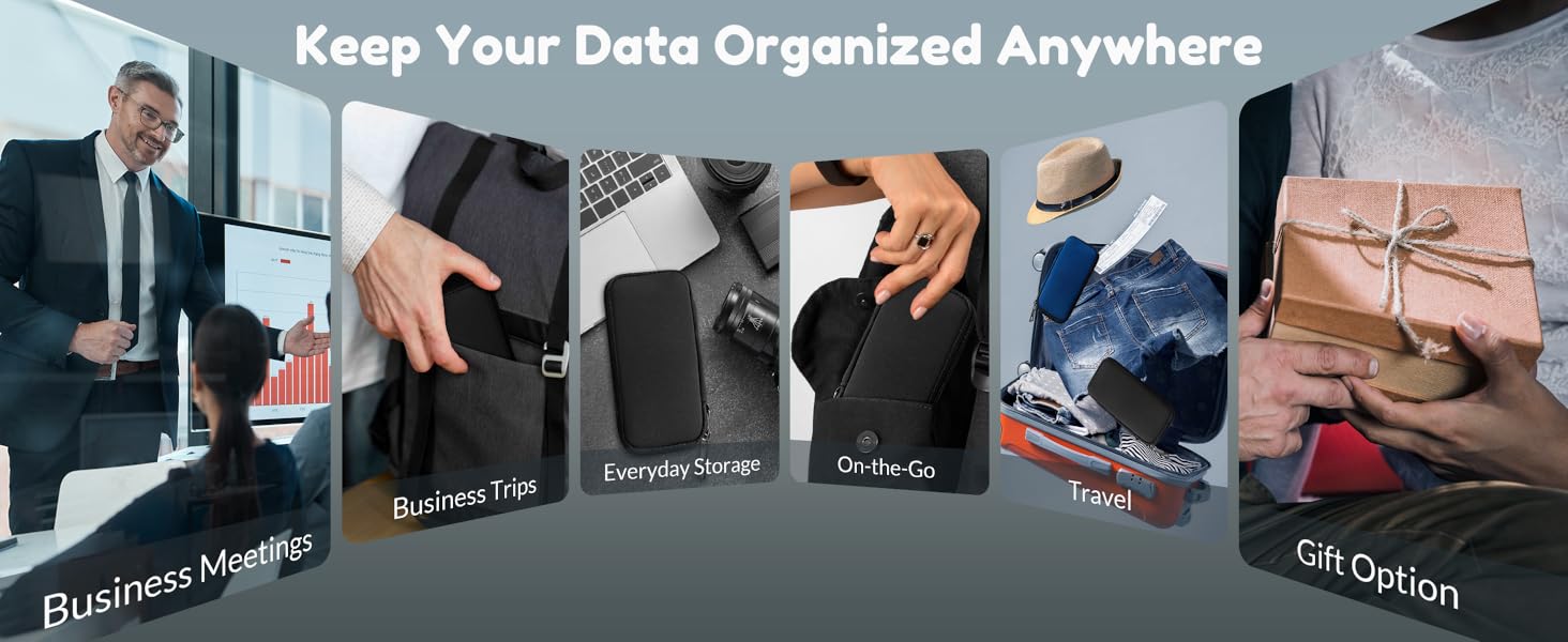 Text reads 'Keep Your Data Organized Anywhere'. Horizontal banner showing multiple hands organizing digital content across devices.