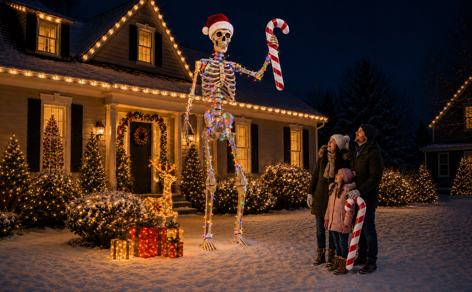 Family viewing Christmas yard skeleton with inflatable candy cane balloons, lights and gifts