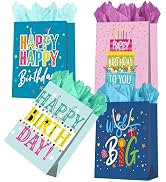 WLUSEAXI 4Pack Birthday Gift Bag with Tissue Paper,12.6×4.7×10.2 Inch Large Birthday Gift Bag wit...