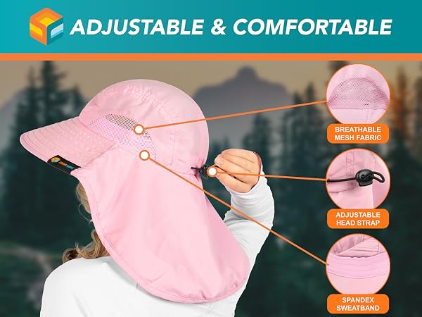 BREATHABLE SAFARI HAT fishing hat has side mesh panels adjustable neck chin fisherman