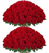 InnoGear 50 Pcs Red Roses Artificial Flowers, Fake Velvet Silk Rose Bulk Faux Flower for Valentin...