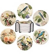 6Pcs Floral Coasters with Holder, Elegant Flowers Birds Ceramic Round Absorbent Coaster Set of 6 ...