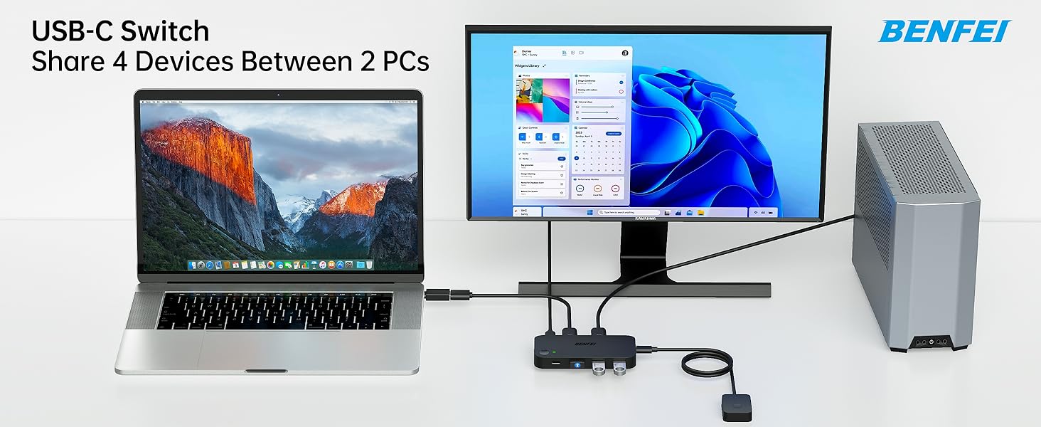 USB-C switch setup connecting laptop and desktop monitor, showing device sharing capability between two PCs with external hardware.