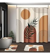 Tayney Mid Century Bohemian Shower Curtain Set with Toilet Lid Cover and Non-Slip Rugs, Abstract ...