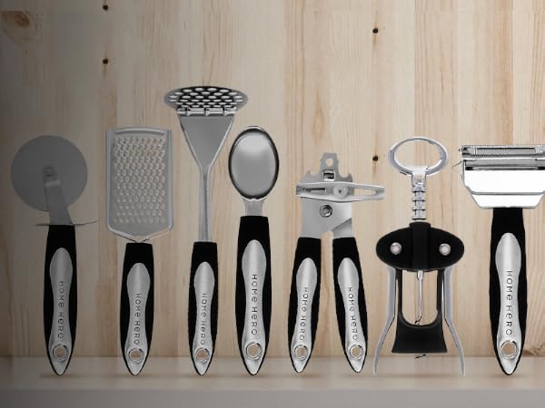 showing additional kitchen gadgets included in the set like cheese grater and pizza cutter