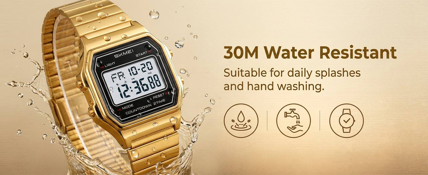 30M water resistant LCD watch, gold tone bracelet, splashproof daily timepiece