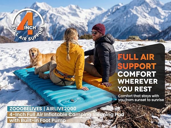 Airlive2000 pads in winter camp scene, built-in foot pump, 4-inch air support.
