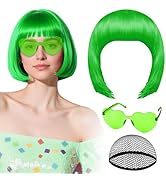 PLULON Grass Green Bob Wig with Heart Sunglasses and Hair Cap for Women, Short Bob Wigs Synthetic...
