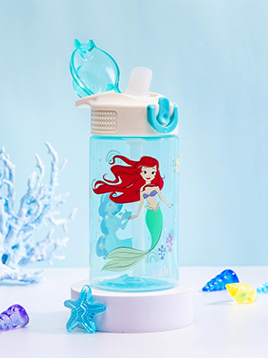 Open kids water bottle with silicone spout, cover, and button, featuring Disney Princess Ariel
