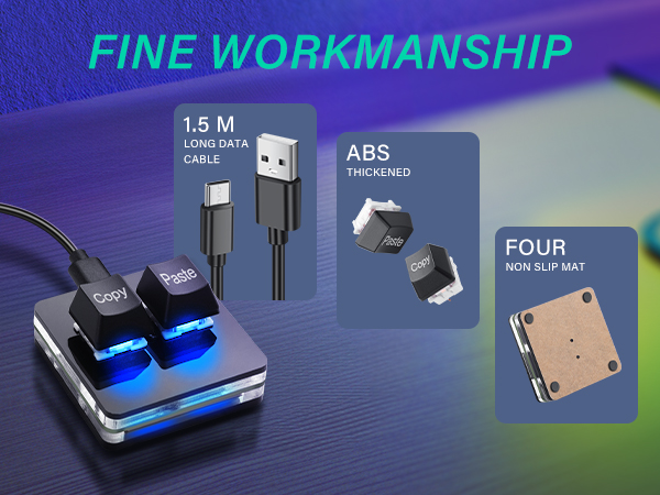 Text reads 'FINE WORKMANSHIP'. Series of product detail shots showing blue LED lighting and technical components including ABS material specification in modern electronic device assembly.