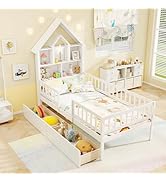 Giantex Twin House Bed with 2 Storage Drawers, Solid Wood Montessori Bed with House-Shaped Headbo...