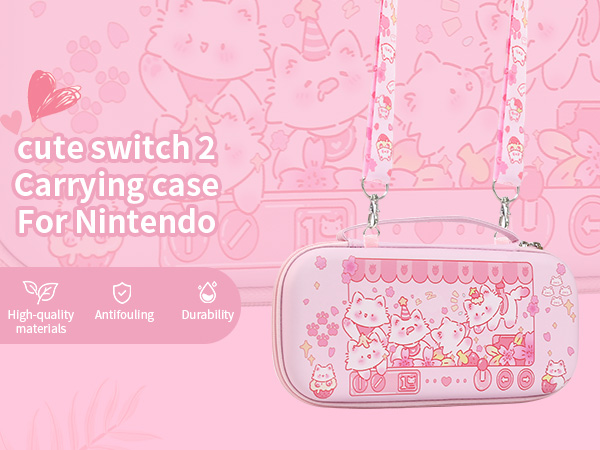 Cute Switch 2 Carrying Case, Kawaii Cat Travel Carry Case with Shoulder Strap