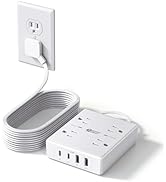 SUPERDANNY Flat Plug Power Strip Surge Protector 10 Ft Long Flat Extension Cord with 4 Outlets & ...