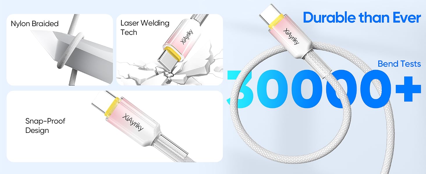 XiAyriky crystal USB C cable, nylon braided, 30000+ bend resistant, reinforced anti-break connector