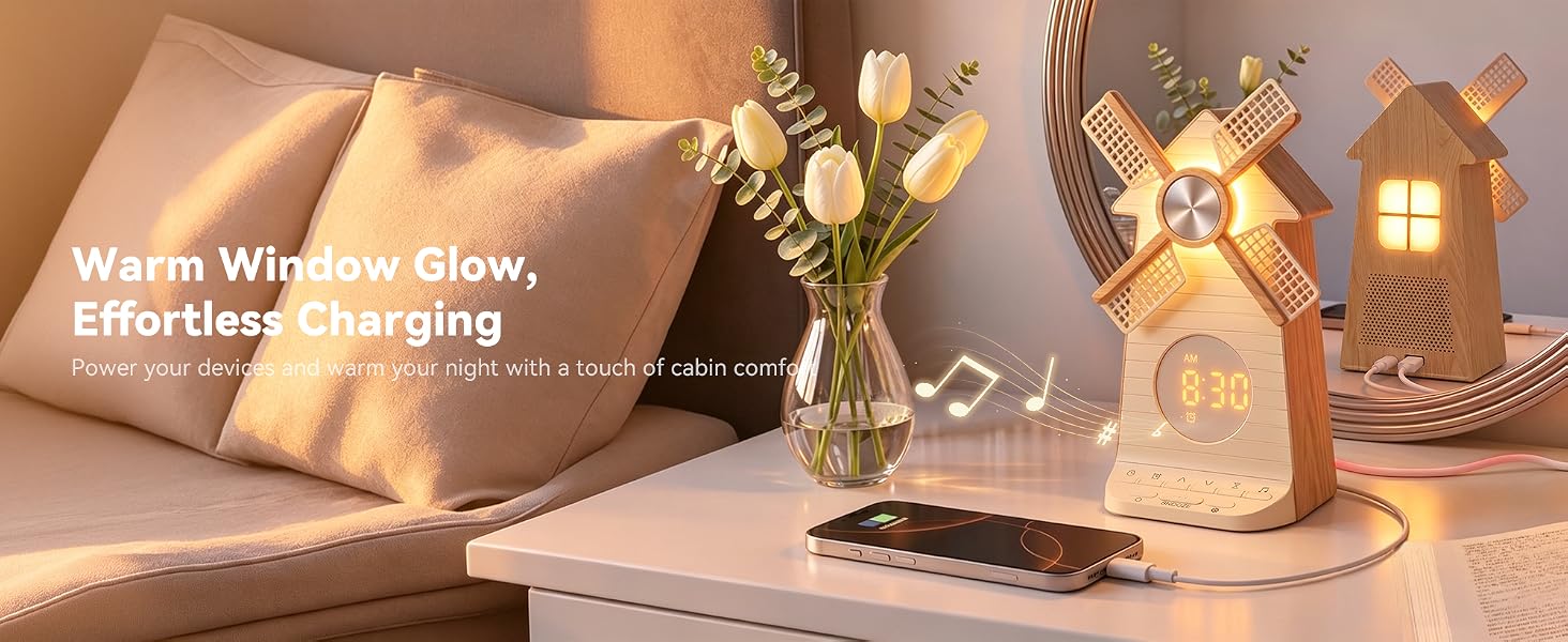 Sunrise Alarm Clock with Rotating Windmill, White Noise Machine for Sleeping
