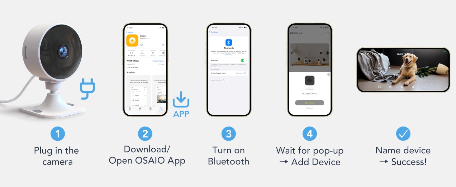 Camera setup guide: plug in, open app, pair Bluetooth, add, and name device