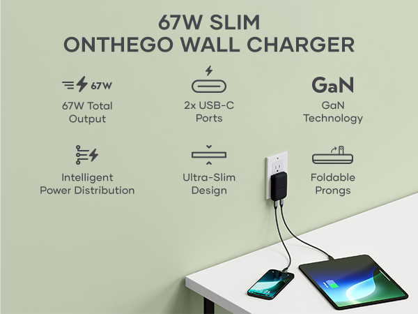 Satechi OntheGo 67W Wall Charger, GaN USB C Travel Charger with 2 USB-C PD Fast Charging Ports