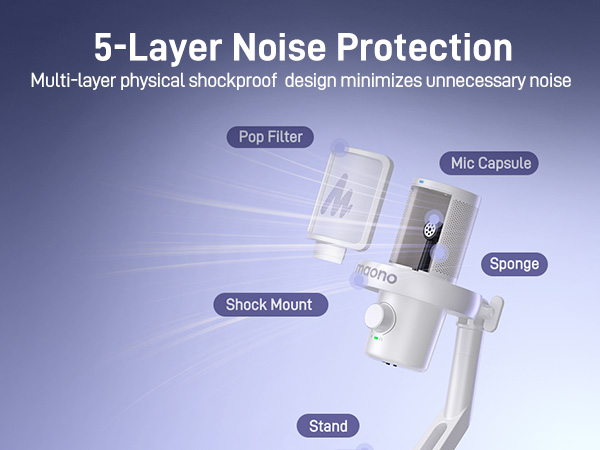 Diagram of a microphone with 5-layer noise protection, showing pop filter, mic capsule, sponge, shock mount, and stand components for minimizing unnecessary noise.