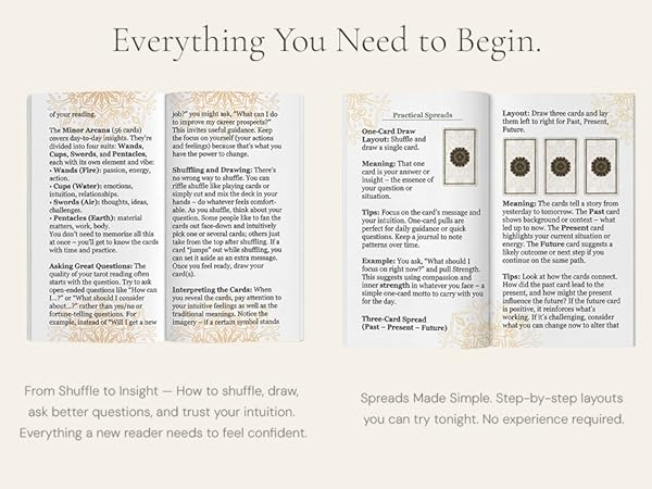 tarot spreads and shuffling instructions inside full color reading guide for beginners