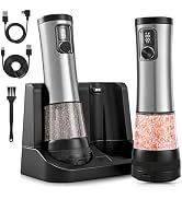Electric Salt and Pepper Grinder Set with Rechargeable Base,Stainless Steel Automatic Refillable ...