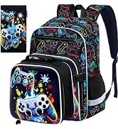 KLFVB 3PC Kids Backpack for Boys, Game Bookbag Set with Clip-On Lunch Bag, Water Resistant Backpa...