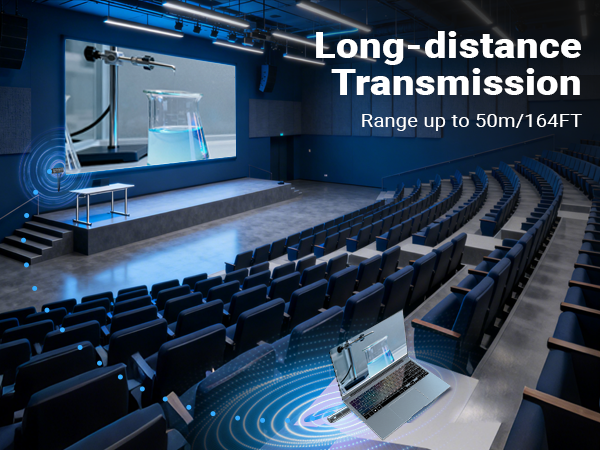 Text reads 'Long-distance' and 'Transmission Range up to 30M/114FT'. Dark interior shots of what appears to be a theater or auditorium with blue lighting.