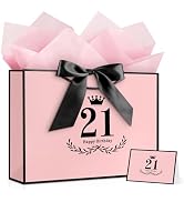 JMANNI 21st Birthday Gift Bag, Pink with Black Satin Bow & Crown Design, Medium Happy 21st Birthd...