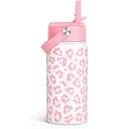 SANDJEST Pink Leopard Print Kids Water Bottle With Straw Lid 12oz Insulated Stainless Steel, Trav...