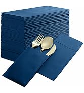 50-Pack Disposable Linen-Feel Dinner Napkins with Built-in Flatware Pocket, DARK BLUE Prefolded C...