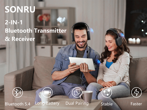 SONRU 2-in-1 Bluetooth transmitter/receiver product advertisement showing features including Bluetooth 5.4, long battery life, and dual pairing capabilities.