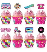 Hooqict 48 Pack 80s Cupcake Toppers and Wrappers Neon Retro Party Cupcake Topper Decorations for ...