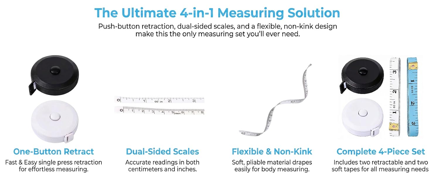 4-in-1 measuring tape set with retractable tapes, dual scales, and flexible.
